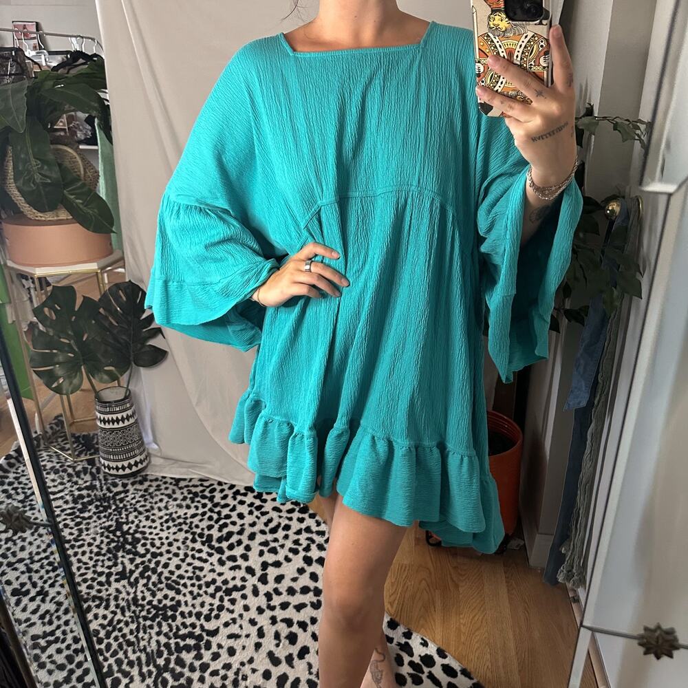 Free People Beach El Mar Ruffled Cotton Gauze Mini Dress Aqua Blue Size Small